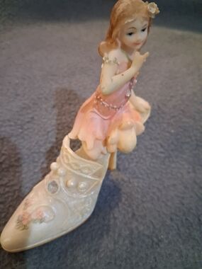 Porcelain Fairy Figurine on Decorative Shoe - Pink and Cream
